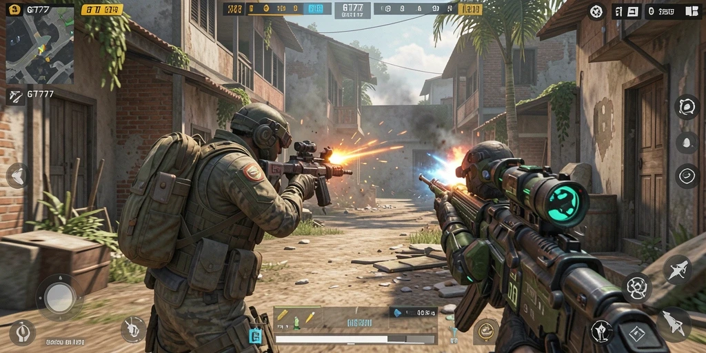 Screenshot GT777 menampilkan aksi pertempuran yang mendebarkan dalam game FPS.