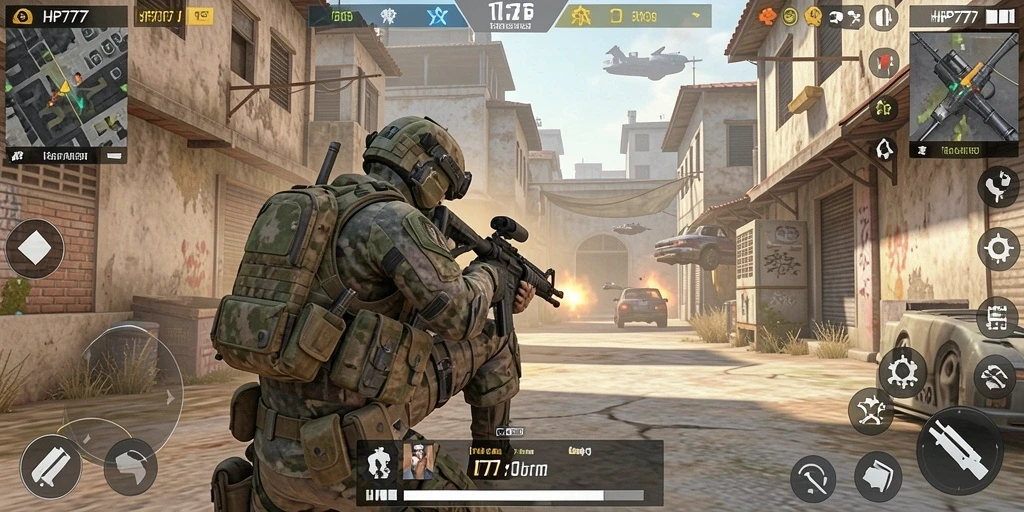 Tampilan gameplay HP777 yang intens dan penuh aksi FPS.