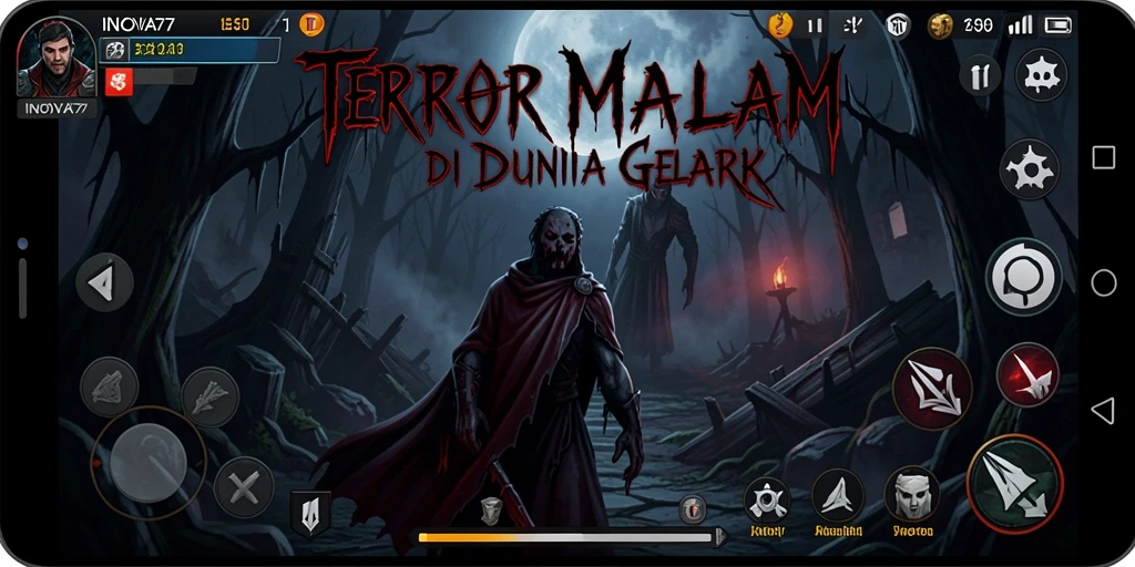 Screenshot gameplay INOVA77 menampilkan suasana mencekam dan menjelajahi kegelapan.