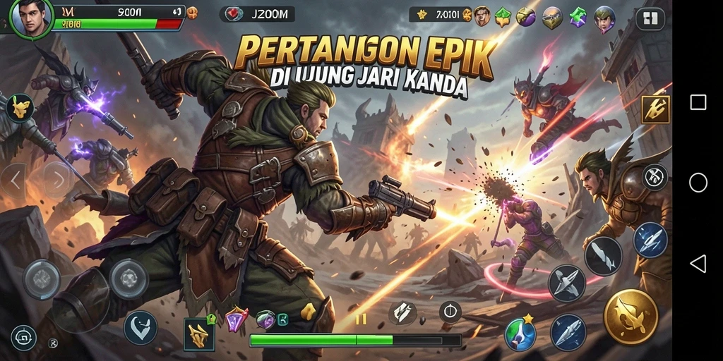 Screenshot gameplay J200M menampilkan pertempuran seru dan karakter beragam.