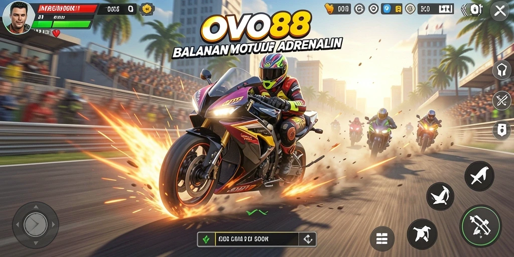 Screenshot gameplay OVO88 menampilkan balapan motor yang seru dan grafis yang menakjubkan.