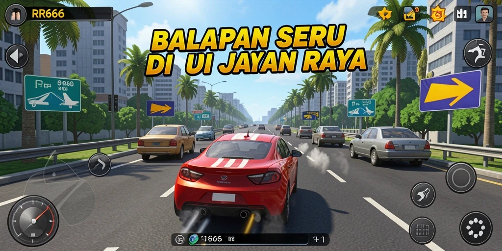 Tangkapan layar RR666 menampilkan aksi balapan mendebarkan di jalan raya.