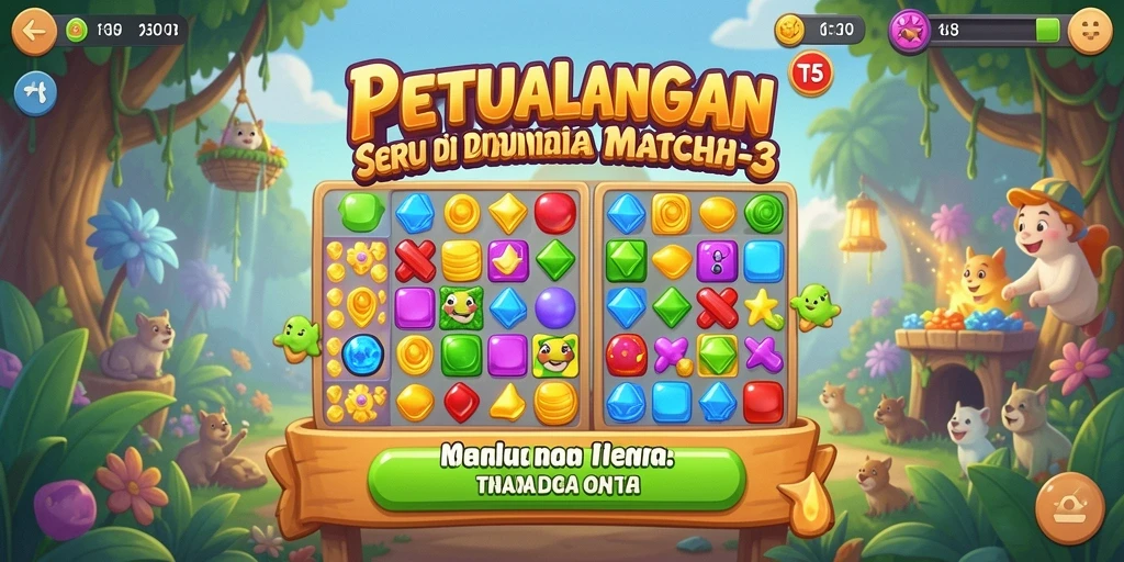 Screenshot gameplay T6 menampilkan aksi Match-3 yang seru.