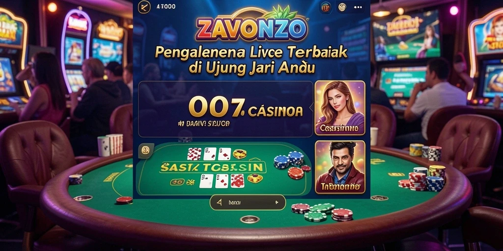 Screenshot ZAVONZO menunjukkan dealer langsung dan meja permainan yang interaktif.
